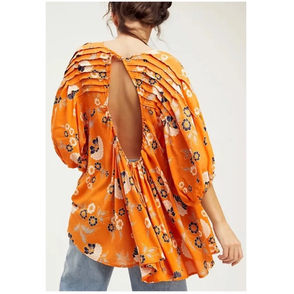 •FREE PEOPLE• Edie Oversized Open Back Hi Low Tunic‎ Top in Black Floral Size XS